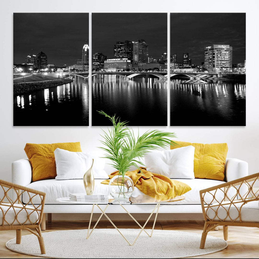 Columbus City Lights Skyline canvas print in black and white, featuring museum-quality craftsmanship and free shipping.