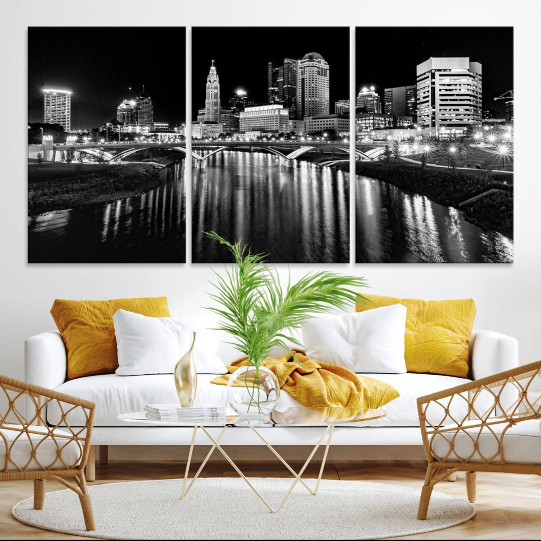 Columbus City Lights Skyline Black and White Canvas with UV coating.