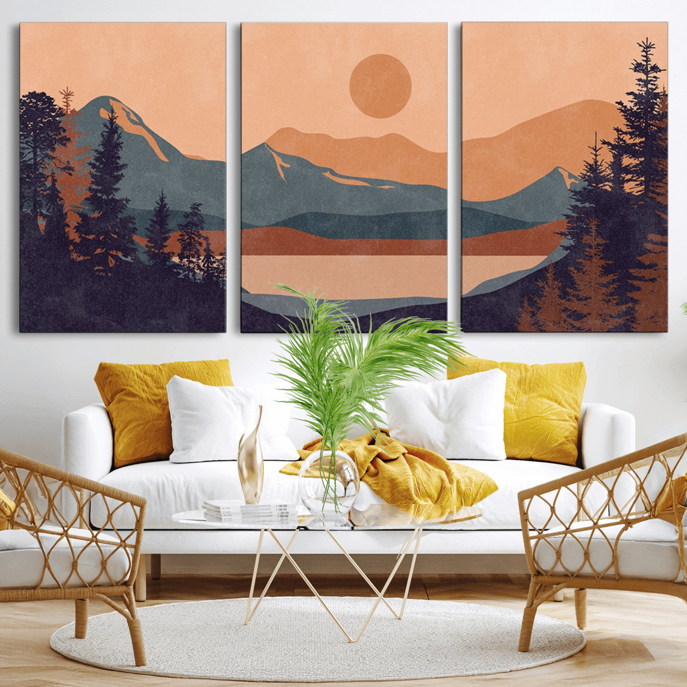 MGV-CV-60X30-3P - Modern Boho Sunset Canvas Print, Mountain Landscape Triptych – Giclée Canvas Art Print for Living