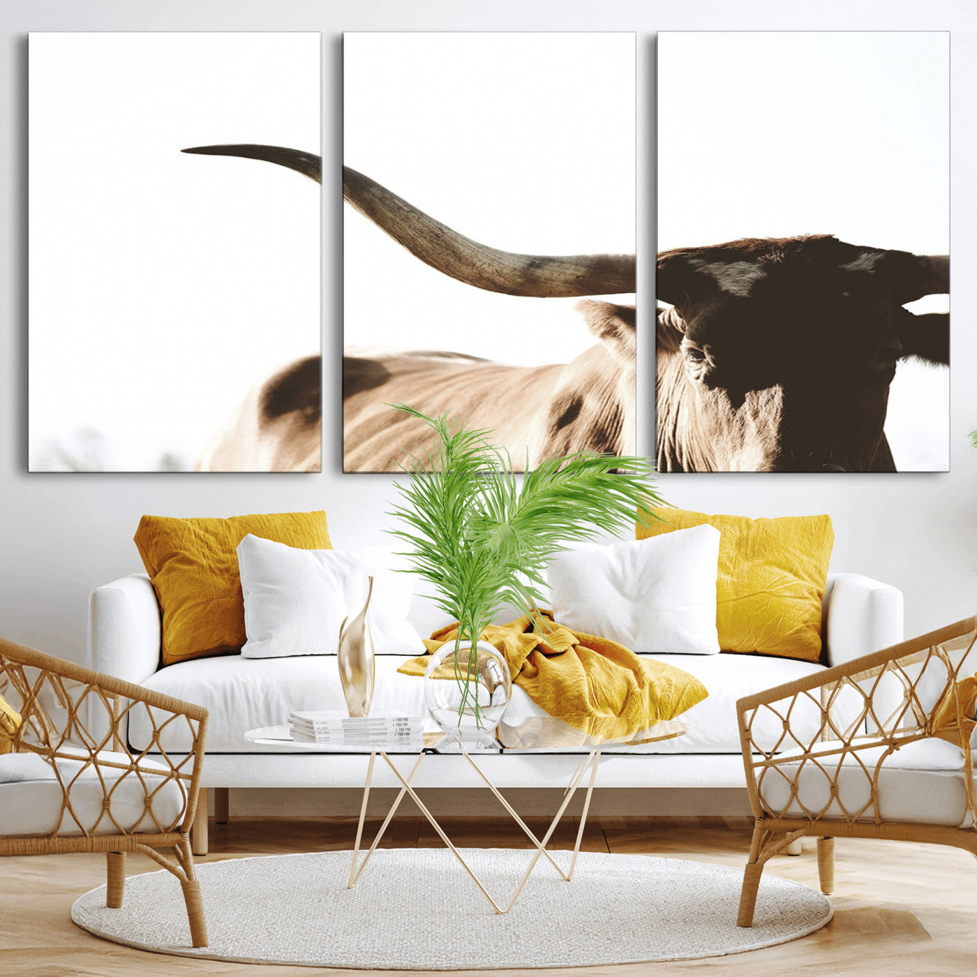 MGV-CV-60X30-3P - Texas Longhorn Wall Art Canvas Print | 3-Panel Large Longhorn Canvas Print for Living Room, Framed Gallery Wrap Office, Rustic Western Cowboy Decor