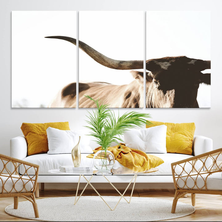 A 3-panel Texas Longhorn canvas adds a touch of rustic Western decor.