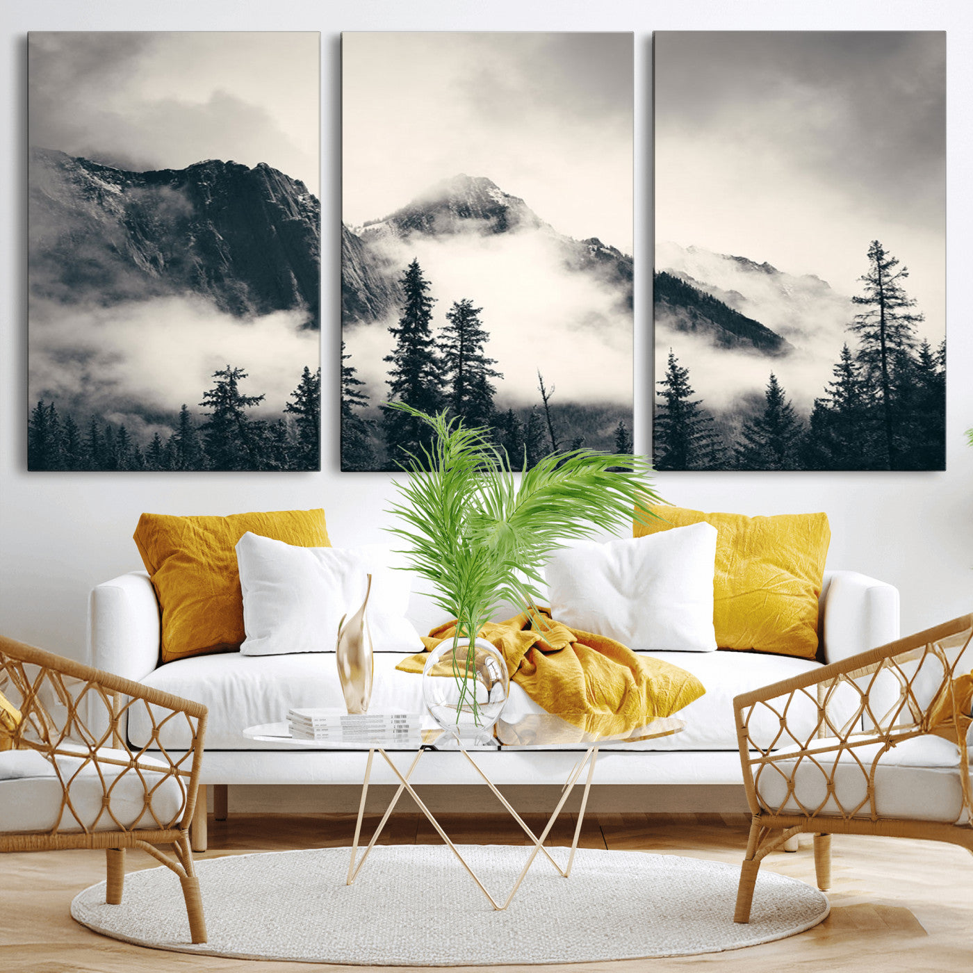 MGV-CV-60X30-3P - Large Foggy Mountain Forest Wall Art Canvas Print | Misty Mountain Peaks and Pine Trees Print | Framed Gallery Wrap | Rustic Nature Farmhouse Decor