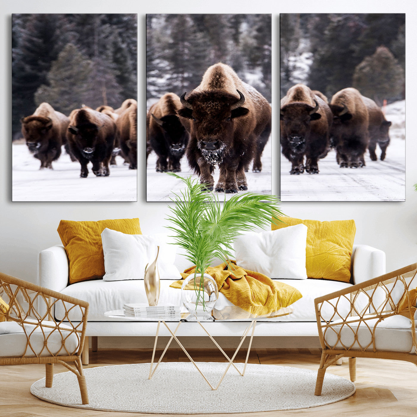 MGV-CV-60X30-3P - Bison Wall Art Canvas Print- Bison Herd Canvas Wall Art – Majestic Wildlife Photography – Framed and Ready to Hang Nature-Inspired Art - Buffalo Wall Art Print