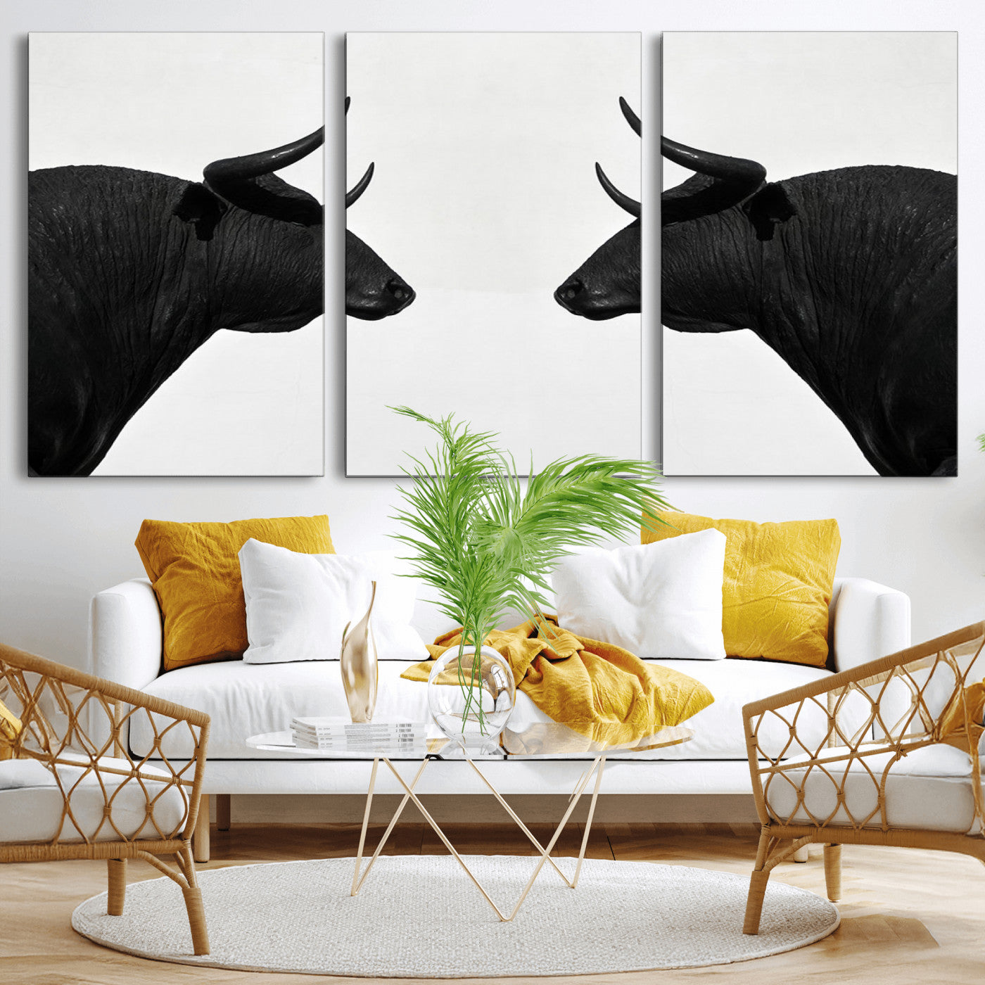 -Spanish Bull Art - Framed Black and White Bull Canvas Print for Modern Rustic Home or Office Decor