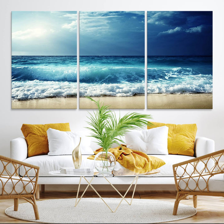 The Majestic Ocean Wave Wall Art Canvas, a 3-panel seascape print, is featured prominently.