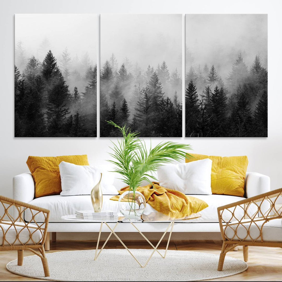 Black and white canvas art depicts a misty pine forest, offering a dense landscape that appeals to nature and woodland art lovers.