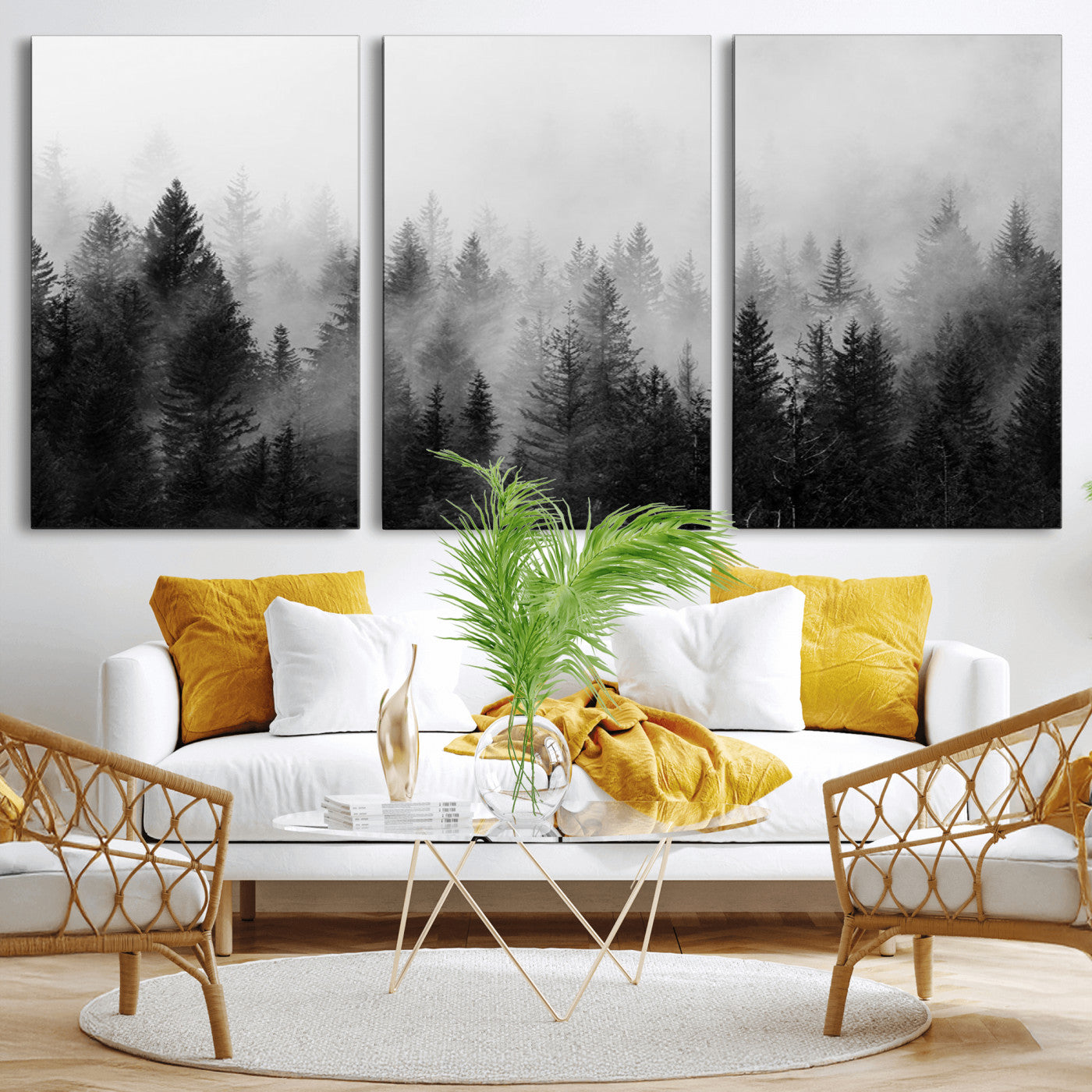 MGV-CV-60X30-3P - Fogy Forest Canvas Wall Art Print - Mountain Wall Art with Pine Trees and Misty Forest Canvas Print