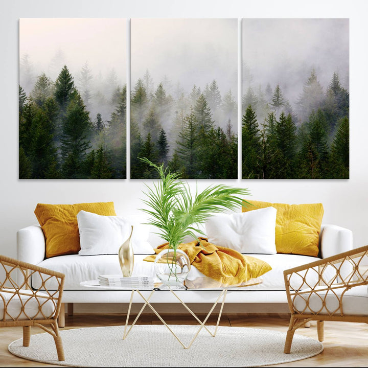 A serene, foggy evergreen forest creates a mysterious atmosphere, ideal for premium canvas wall art.