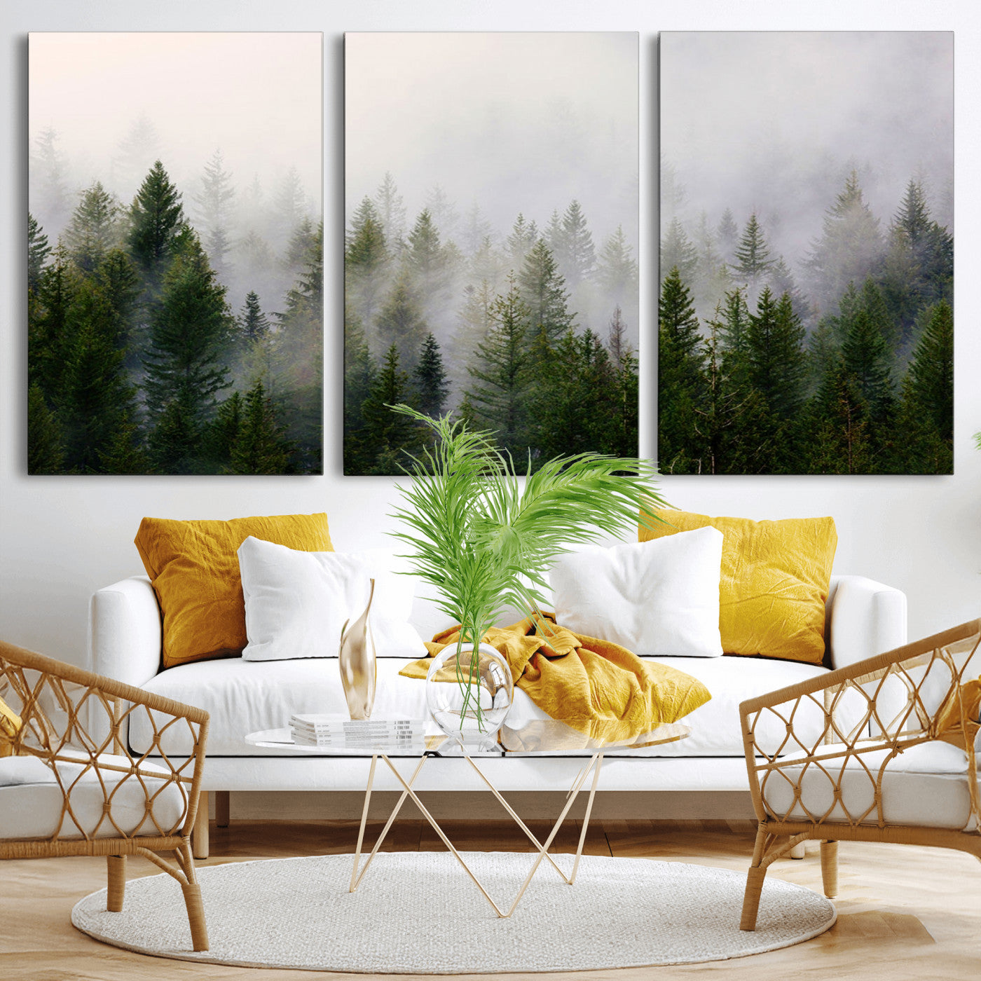 MGV-CV-60X30-3P - Misty Pine Forest Wall Art Canvas Print | 3 Panel Green Woodland Canvas Print for Living Room, Office, or Dining Room | Nature Foggy Forest Decor