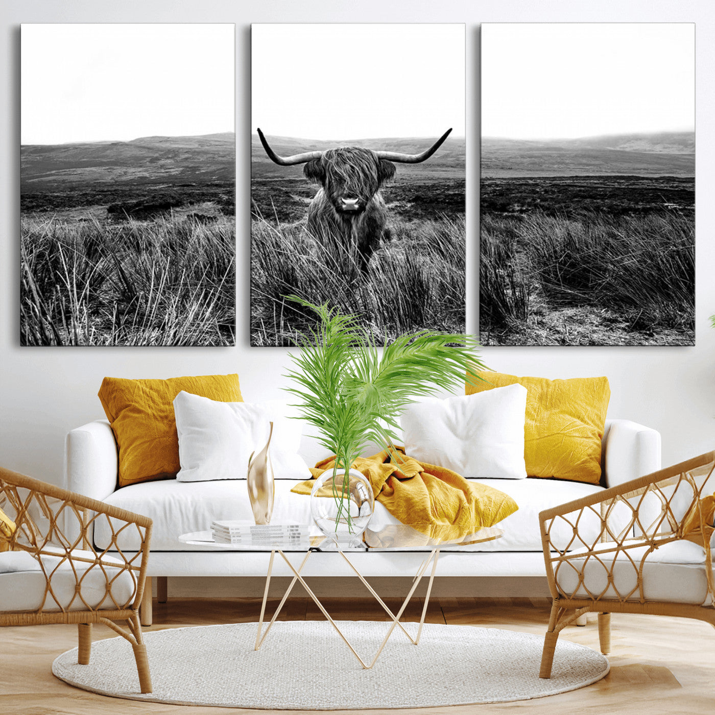 MGV-CV-60X30-3P - Black and White Highland Cow Canvas Wall Art, Longhorn Triptych Western Wall Decor for Cabin -
