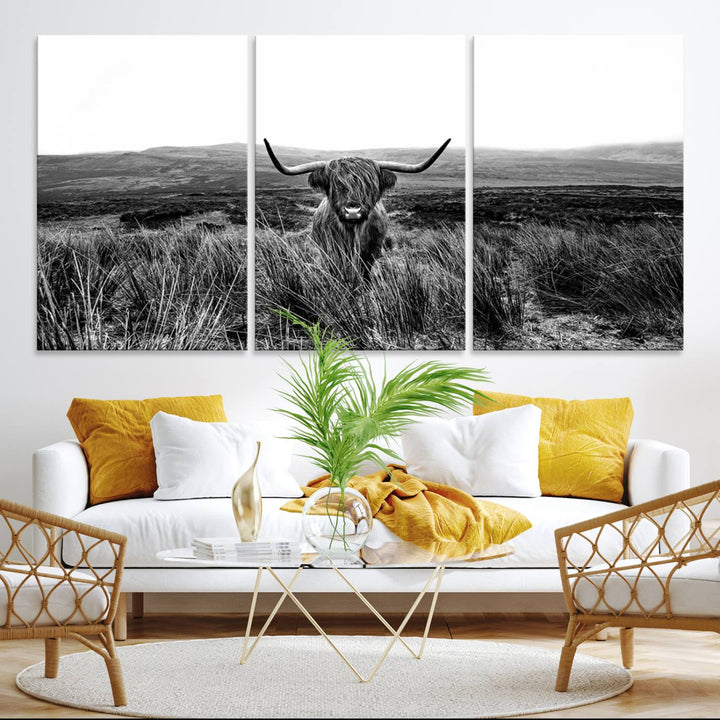 Dining room featuring a Black and White Highland Cow Canvas for a Western-themed decor.