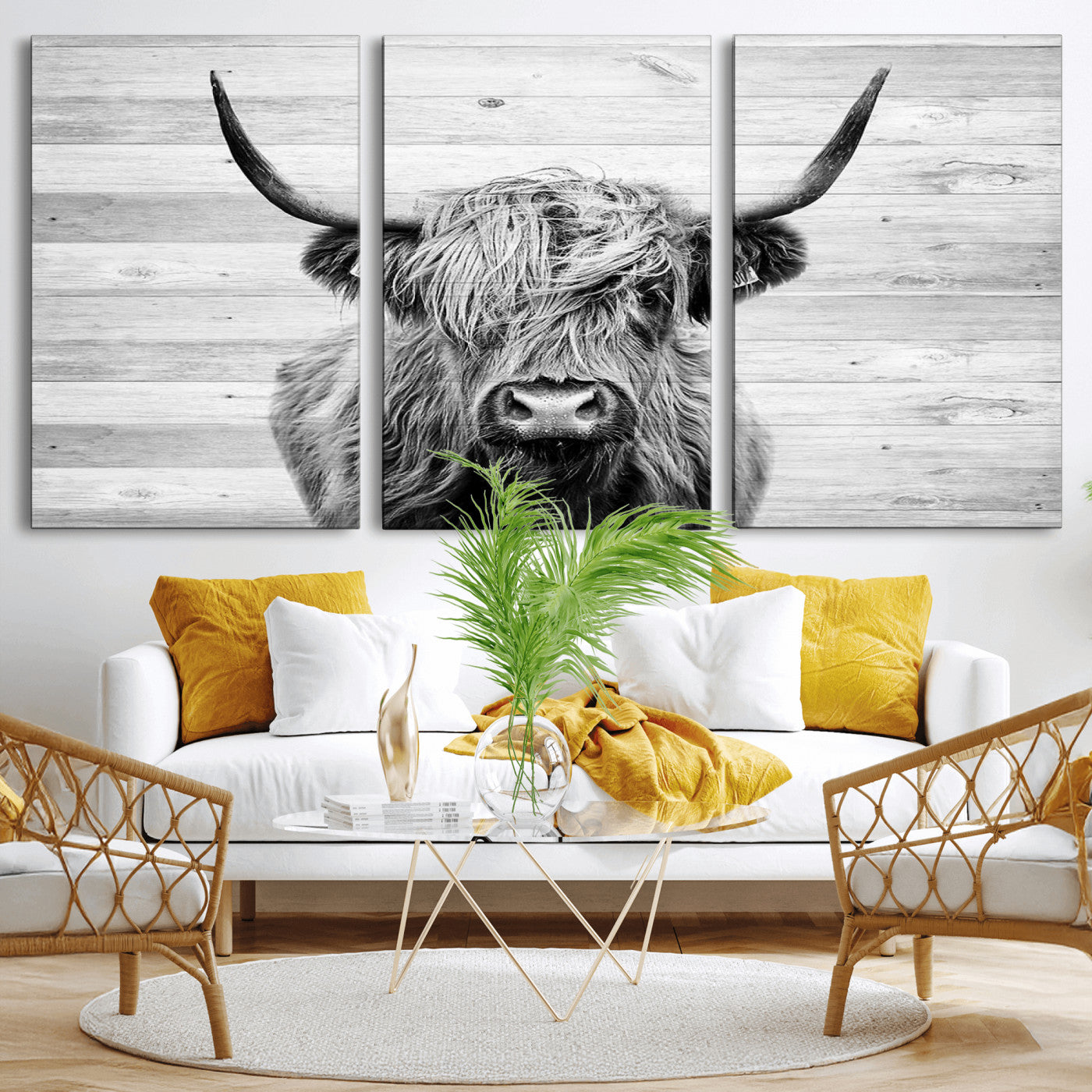 MGV-CV-60X30-3P - Scottish Highland Cow Cattle Art Print on Wood Background Style
