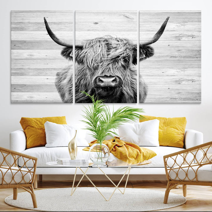 Scottish Highland Cow Cattle Art adds rustic farmhouse charm to the space.