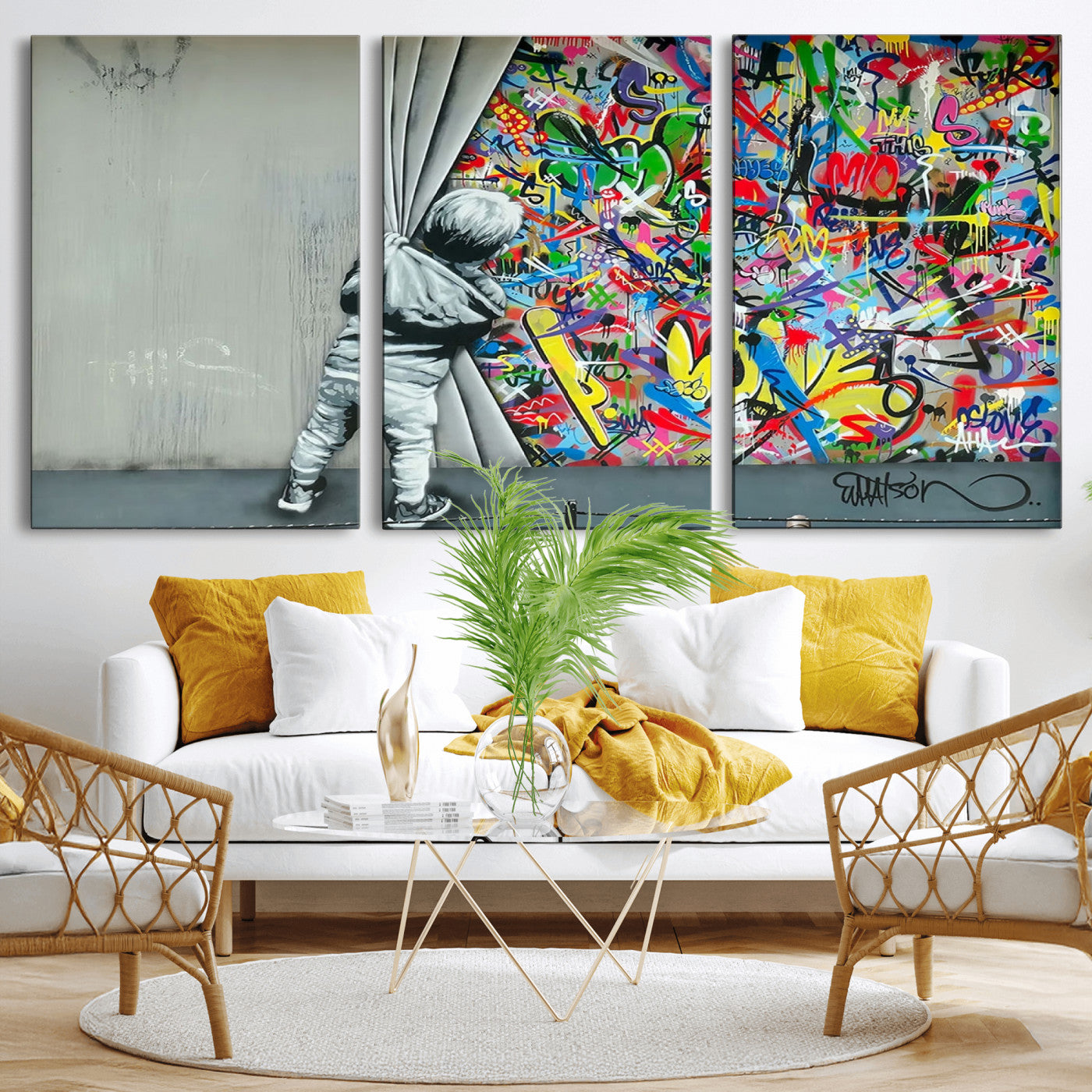 MGV-CV-60X30-3P - Banksy Colorful Street Graffiti Canvas Wall Art Print, Modern Art Triptych, Child and Graffiti Wall, Urban Art for Home or Office Decor
