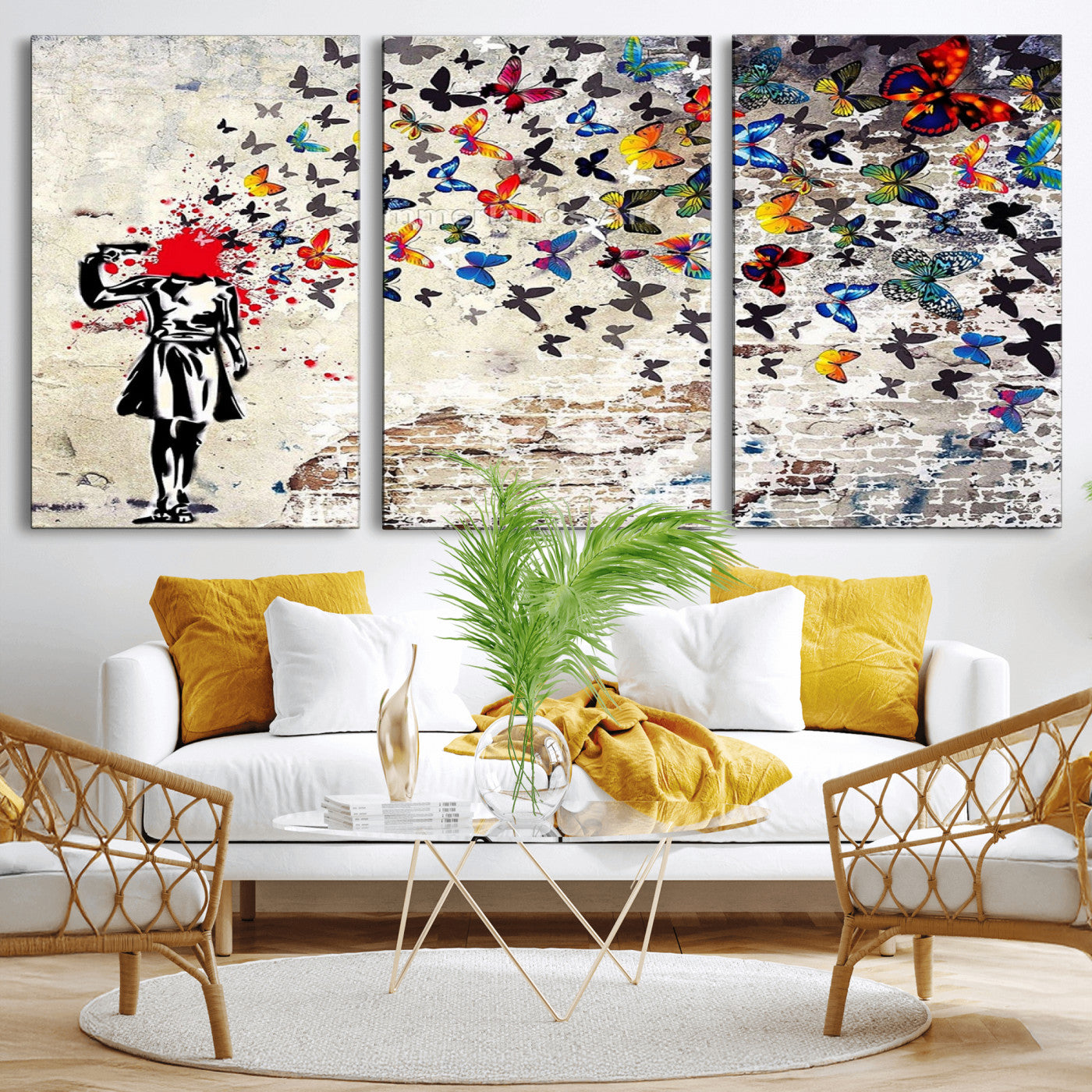 MGV-CV-60X30-3P - Banksy Art Butterfly Girl Explosion Canvas Art – Vibrant Urban Graffiti for Modern Interiors - Ready to Hang