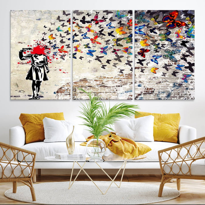 Banksy Art Butterfly Girl Explosion: Vibrant urban graffiti canvas for modern interiors, ready to hang.