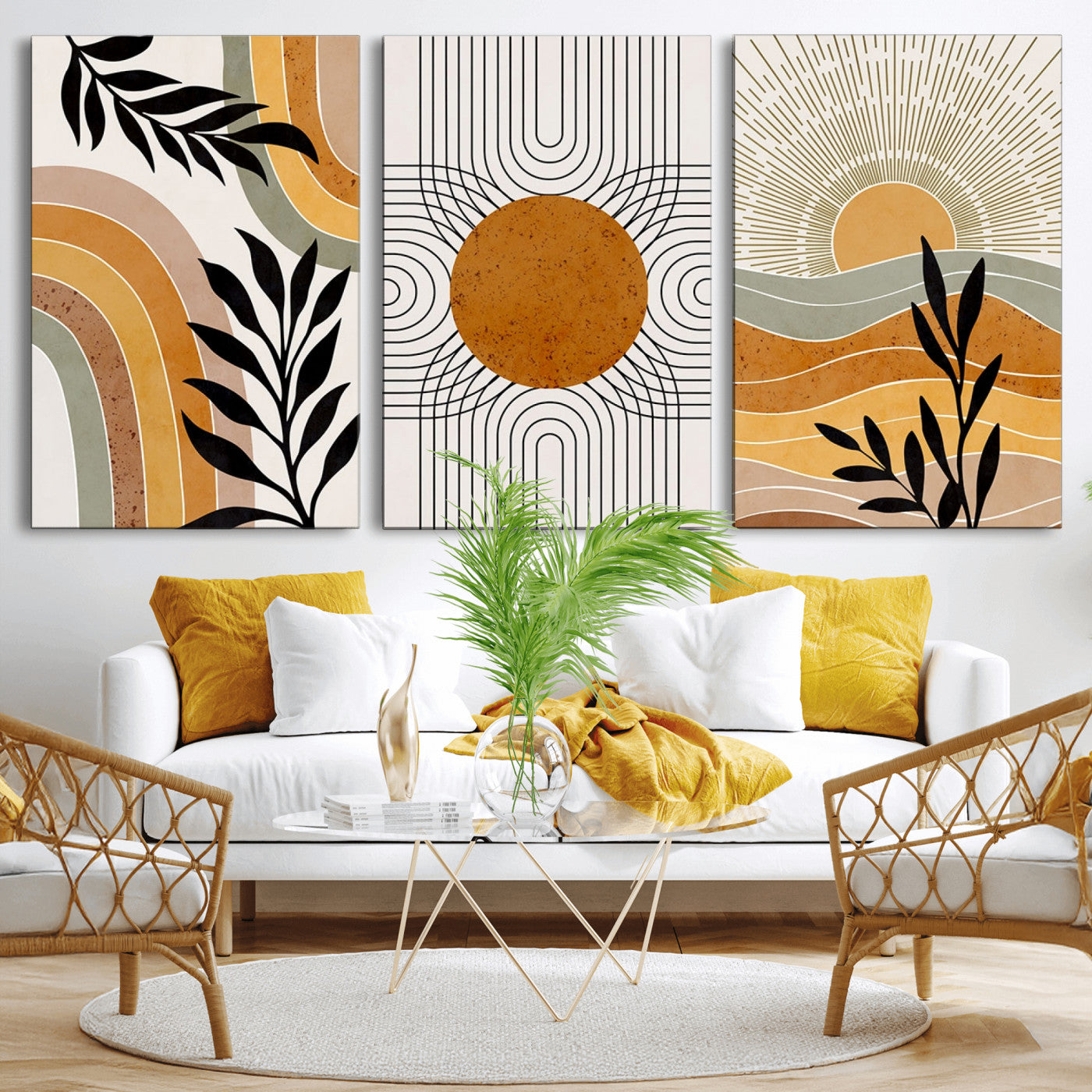 MGV-CV-60X30-3P - Modern Boho Sun and Leaf Abstract Art – 3-Panel Giclée Canvas for Mid-Century Modern or Bohemian Wall Decor