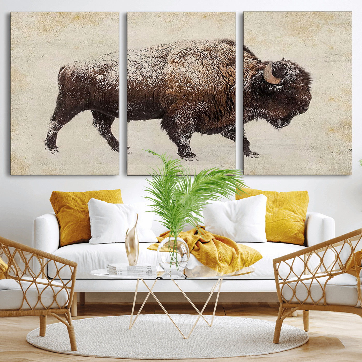 MGV-CV-60X30-3P - Buffalo Wall Art, Western Bison Canvas Print, Rustic Buffalo Art for Cowboy Western Decor, Large Multi-Panel Giclee Canvas for Farmhouse Wall Decor