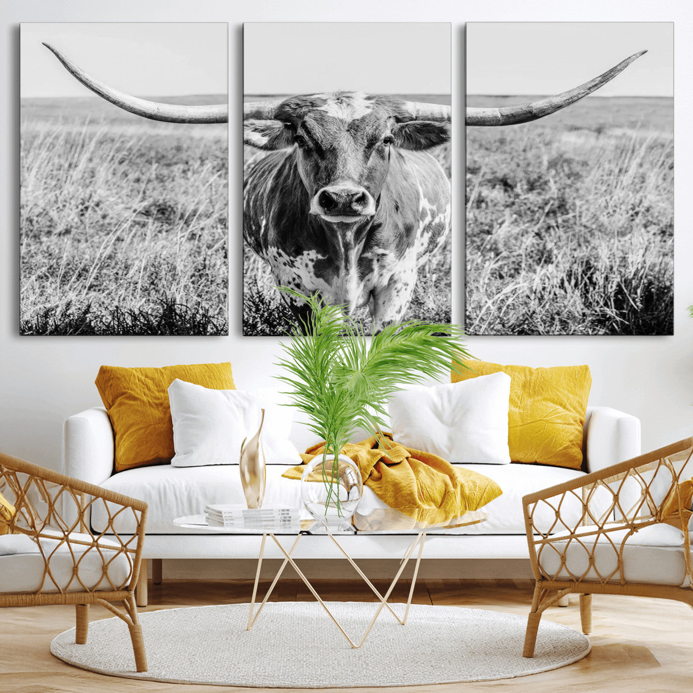 MGV-CV-60X30-3P - Texas Cow Longhorn Wall Art Canvas Print for Farm House Wall Decor, Farmhouse Wall Art Print