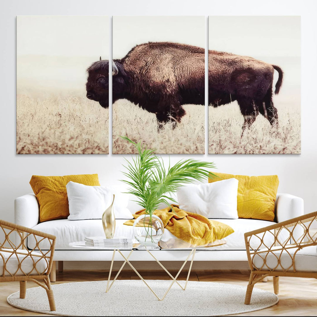 The dining room showcases the Bison in Field canvas print.