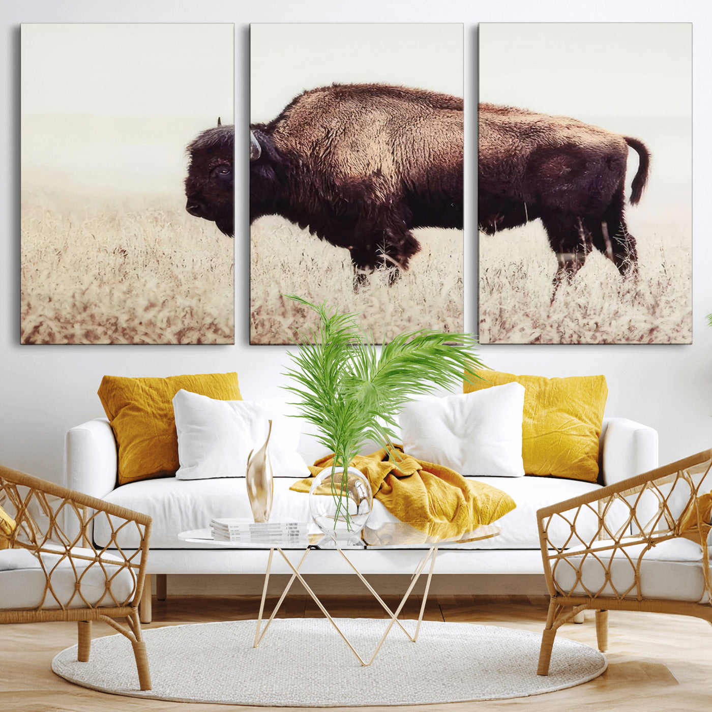 MGV-CV-60X30-3P - Bison in Field Wall Art Canvas Print For Farmhouse Barn Decor
