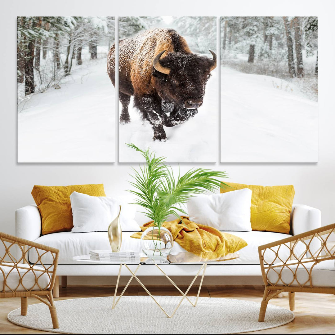 The dining area showcases the Bison Wall Art Canvas Print for Farmhouse.