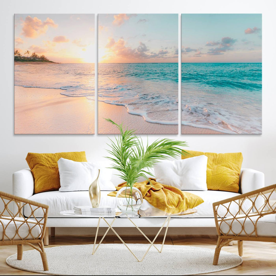 The kitchen features the Beach Sunrise Wall Art, Coastal Sunset Beach Scene.