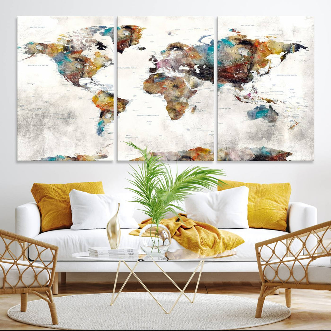 The Colorful World Map Wall Art Canvas Print adds vibrance to the space, ideal for geography lovers.