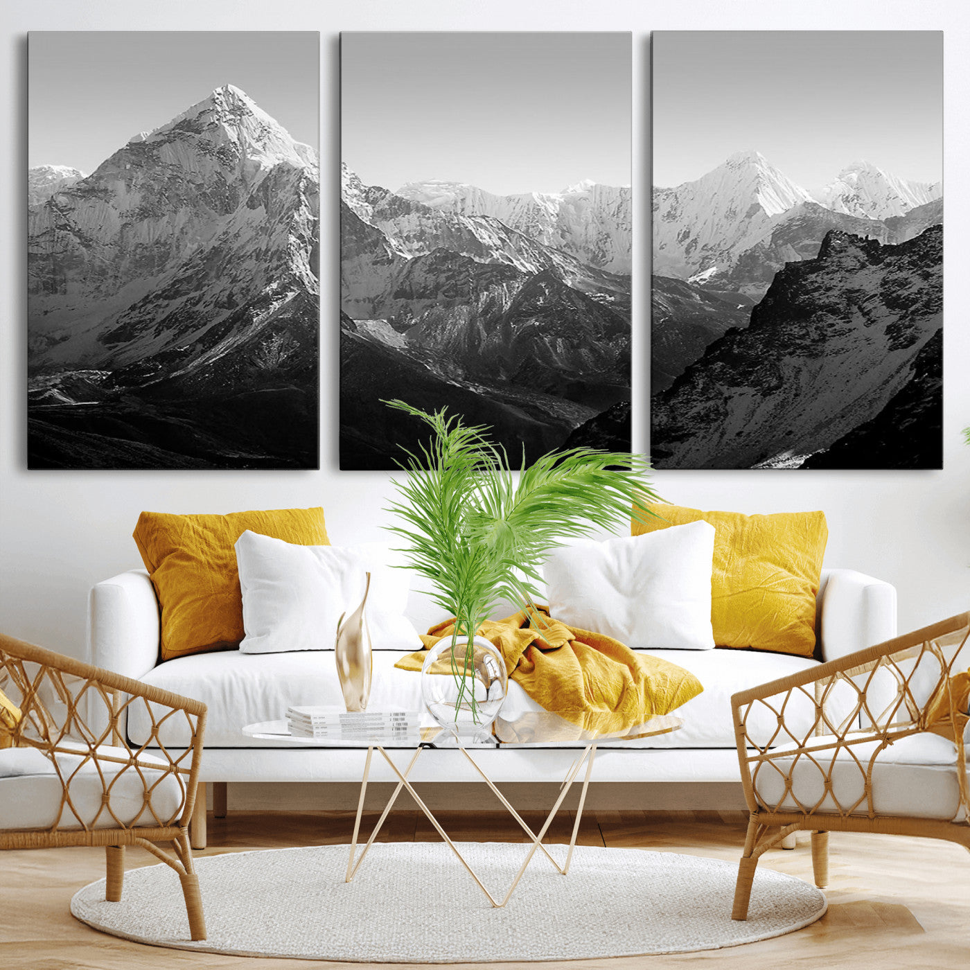 MGV-CV-60X30-3P - Everest Himalaya Mountain Peaks Black & White Triptych Canvas Art – Mountain Wall Decor for Minimalist Interiors