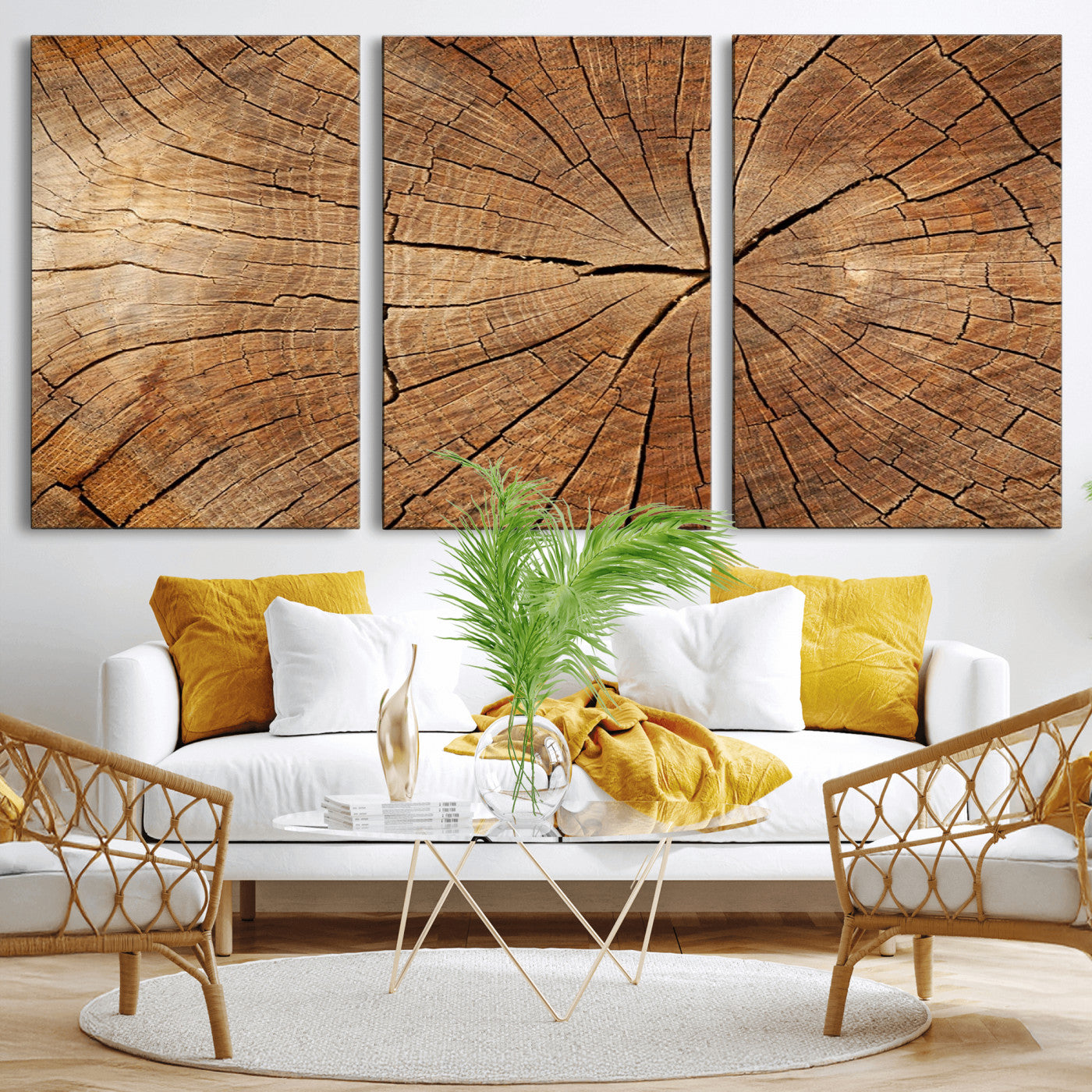 MGV-CV-60X30-3P - Tree Ring Canvas Art, Rustic Wood Grain Wall Art, Tree Slice Decor for Modern Homes, Giclee Multi-Panel Print, Tree Ring Wall Art Set