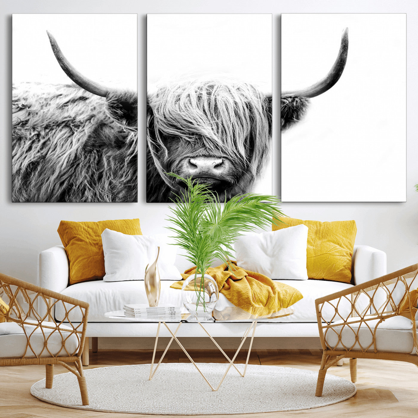 MGV-CV-60X30-3P - Black White Scottish Highland Cow Cattle Art Print Farmhouse Wall Art Canvas Print