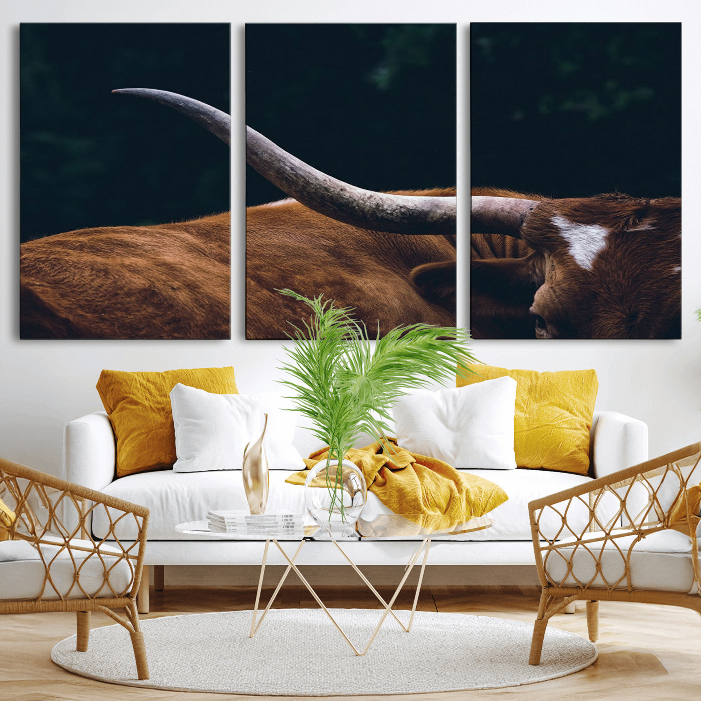 MGV-CV-60X30-3P - Texas Longhorn Bull Wall Art Canvas Print - Large Framed Canvas Wall Art, Animal Print for Rustic Home or Office Décor, Farmhouse Cabin Wall Decor