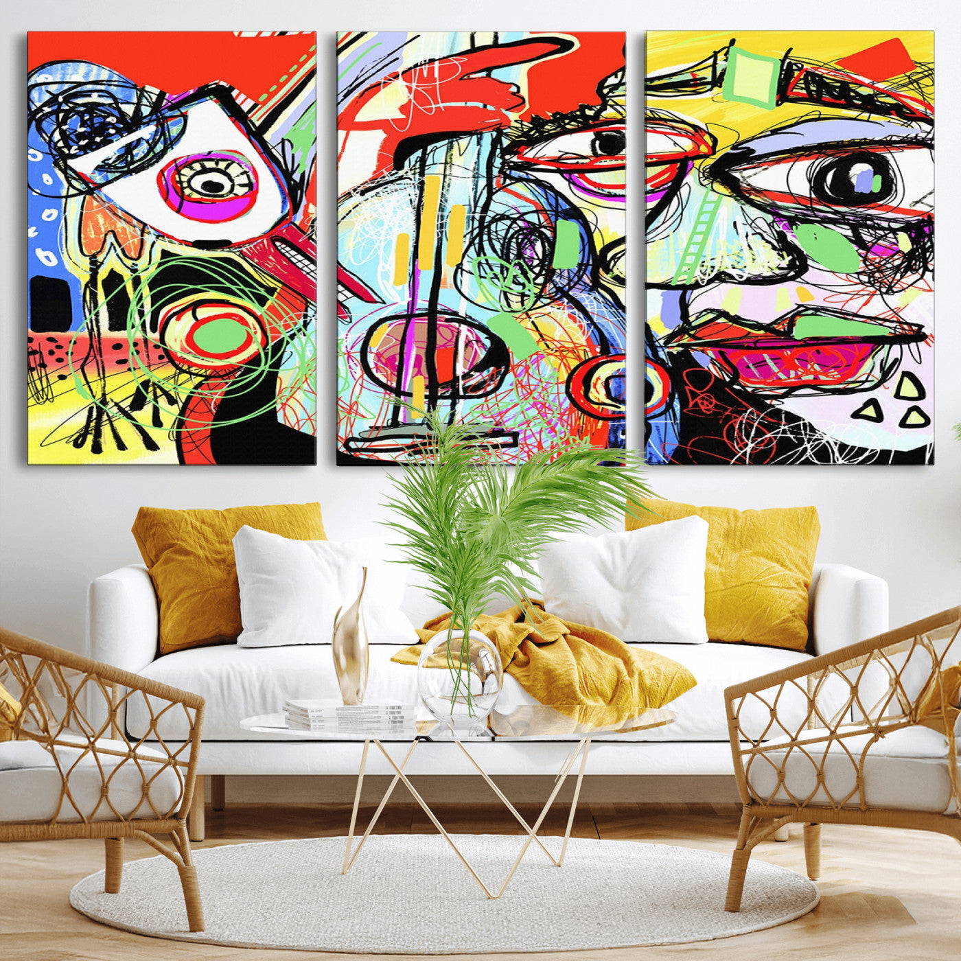MGV-CV-60X30-3P - Picasso Style Art Abstract Canvas Wall Art Print , Colorful Abstract Artwork