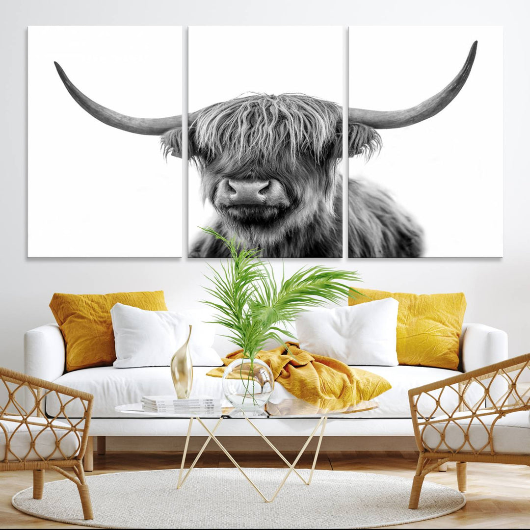 The Grayscale Scottish Highland Cow canvas is a museum-quality piece perfect for your dining room. Enjoy free shipping on this stunning artwork!.