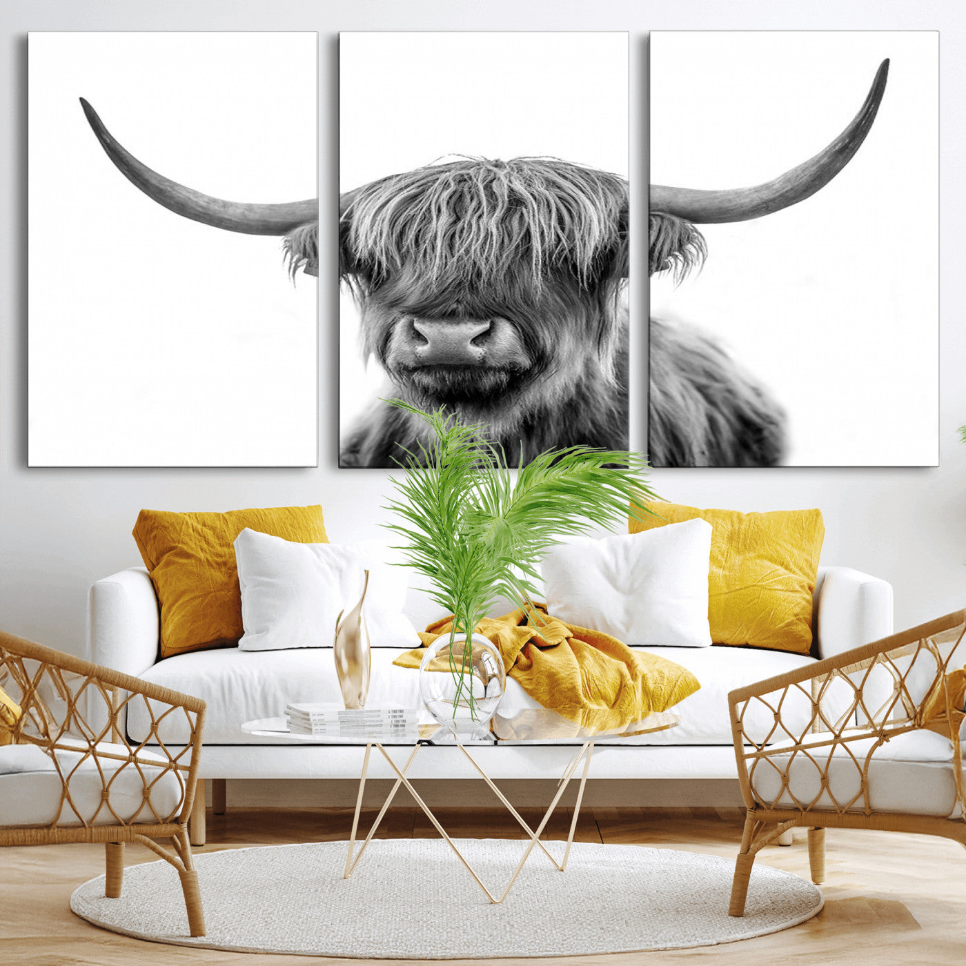 MGV-CV-60X30-3P - Grayscale Scottish Highland Cow Cattle Art Print Farmhouse Wall Art Canvas Print