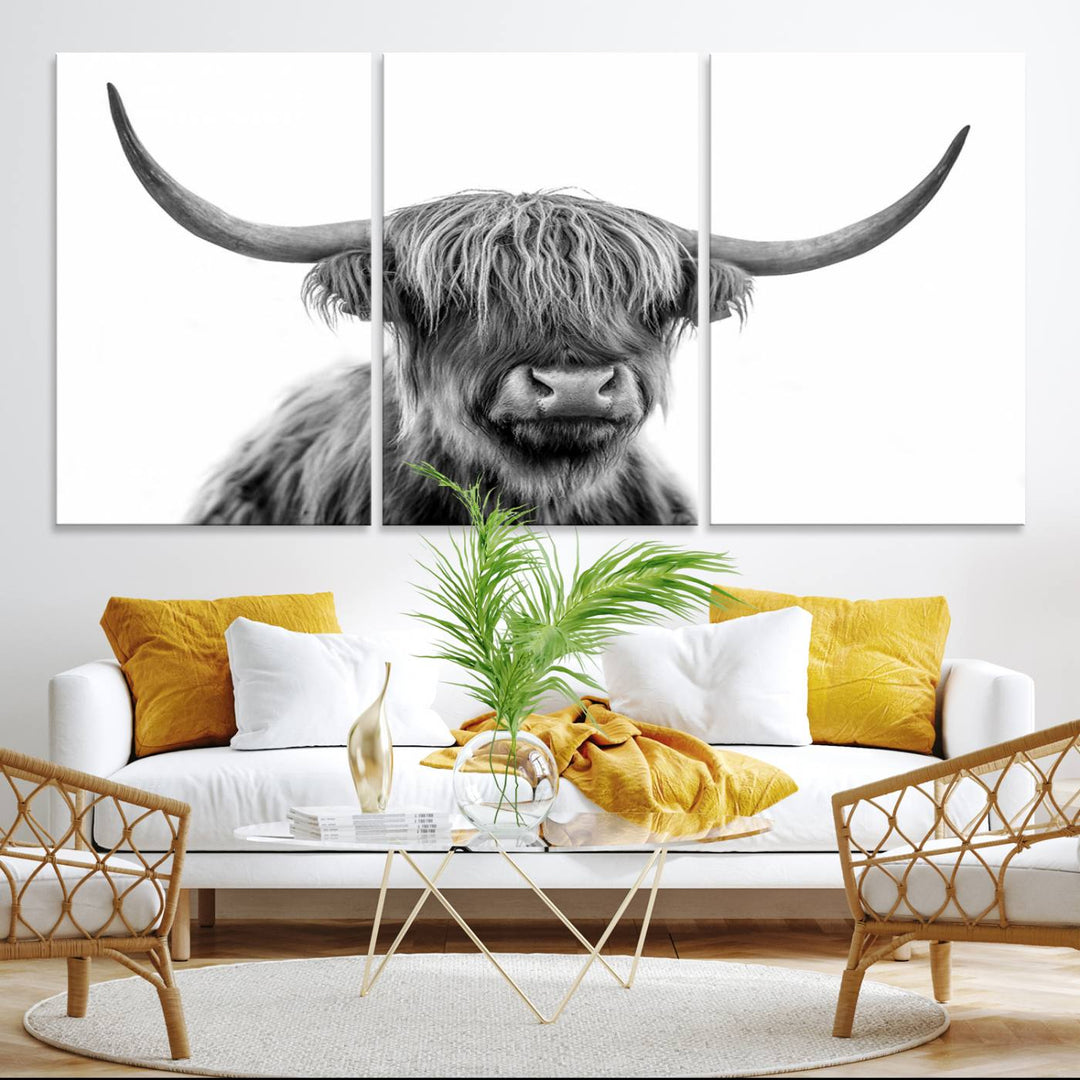 A Scottish Highland Cow Art Canvas adds charm to the farmhouse decor.