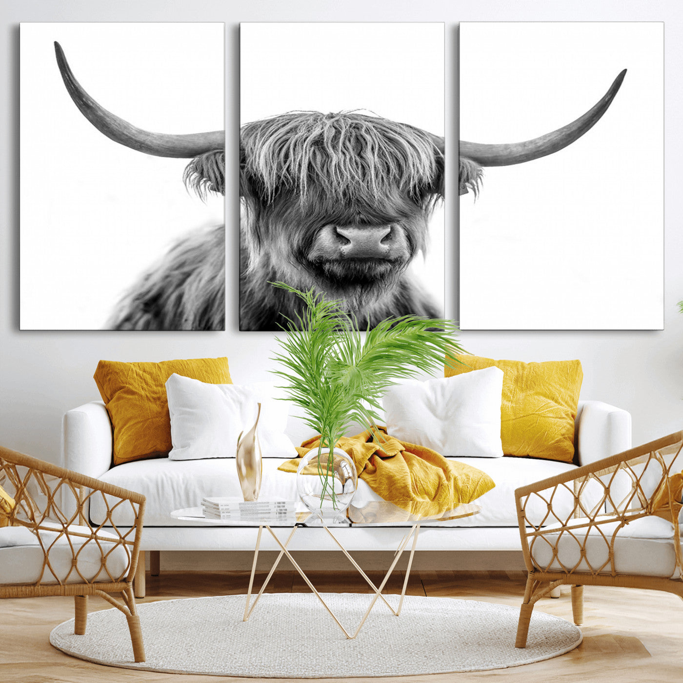 MGV-CV-60X30-3P - Scottish Highland Cow Cattle Art Print Wall Art Canvas Print for Farmhouse Decor, Framed Scottish