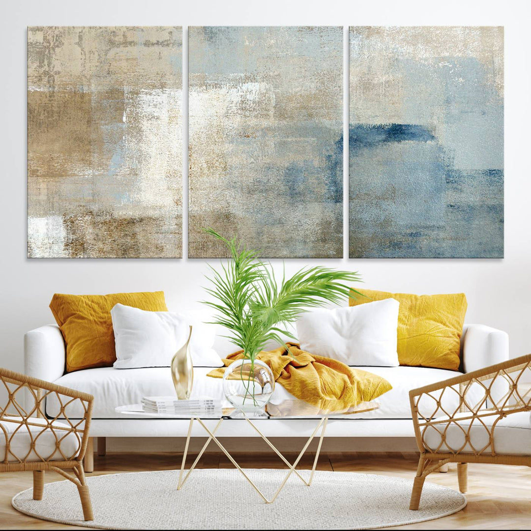 Abstract Blue and Beige Wall Art canvas print set with a modern minimalist aesthetic.