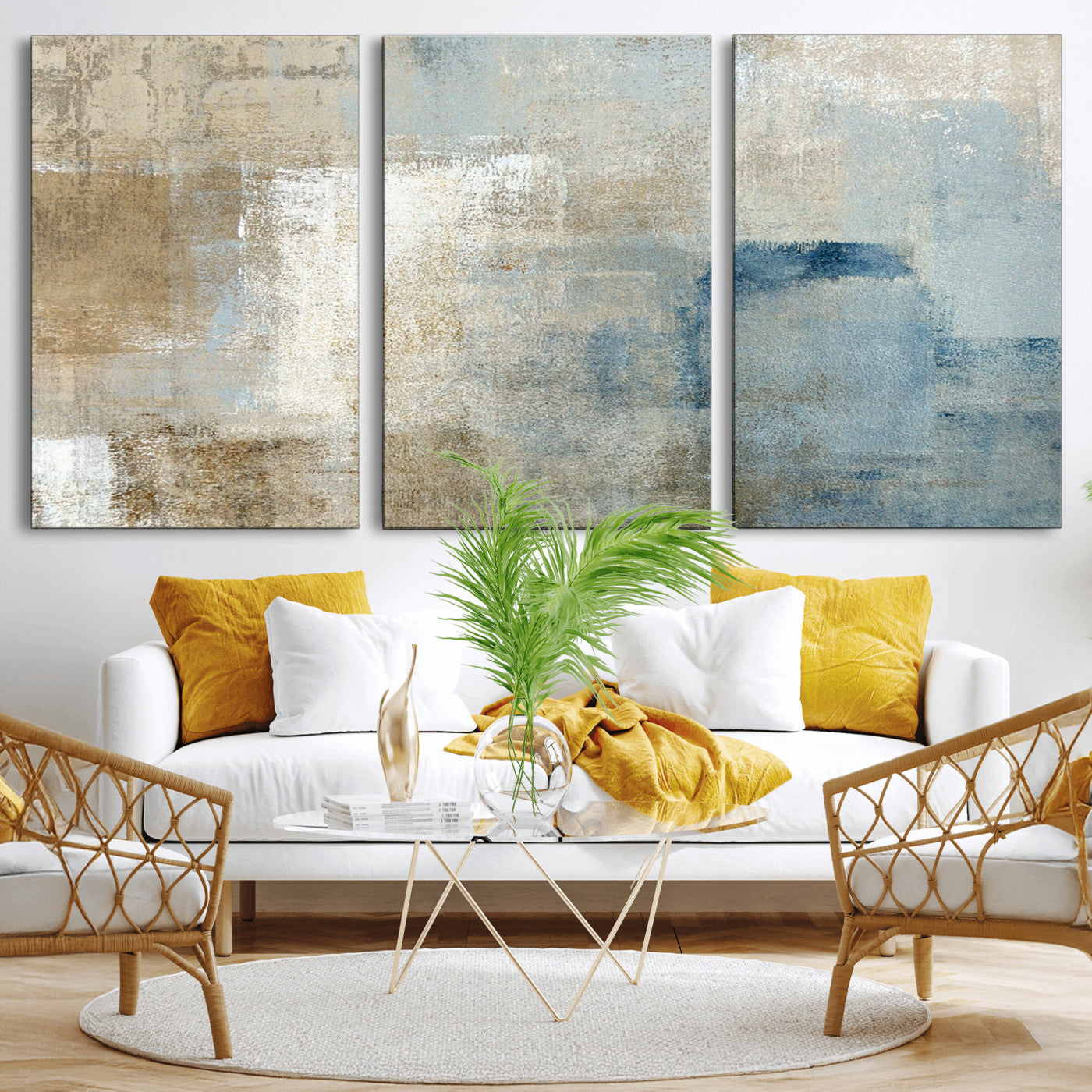 MGV-CV-60X30-3P - Abstract Blue and Beige Wall Art, Modern Minimalist Canvas Print Set, Giclee Textured Art, Large Multi-Panel Artwork for Living Room