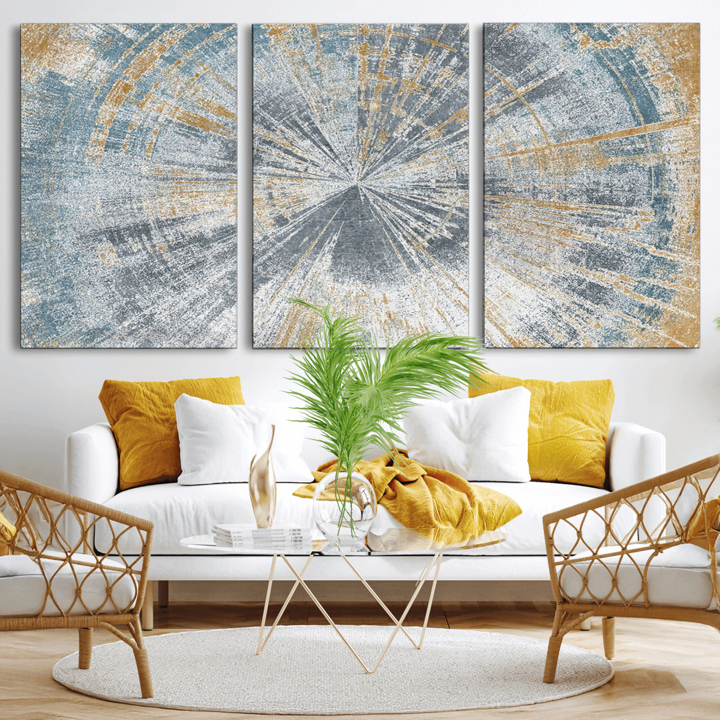 MGV-CV-60X30-3P - Radiant Abstract Wood Rings Canvas Art – Modern Triptych Wall Decor for Living Room or Farmhouse Decor