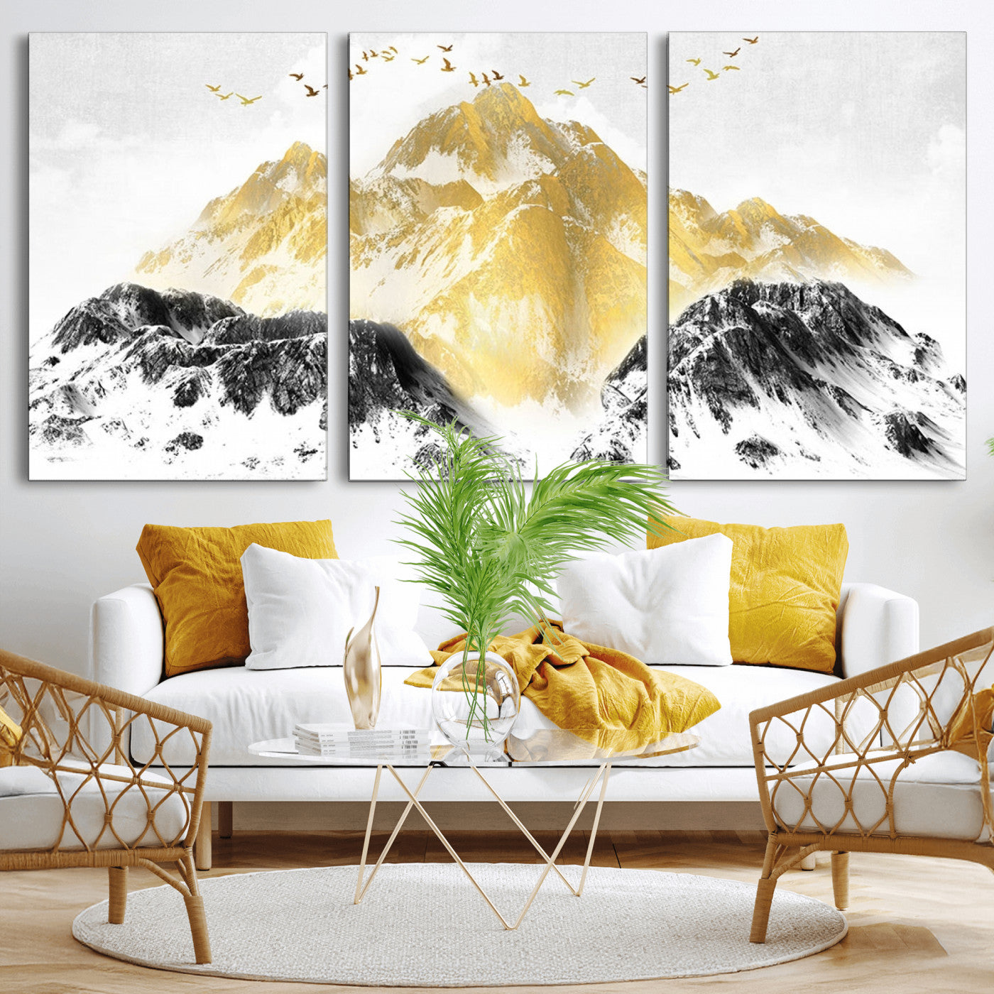 MGV-CV-60X30-3P - Golden Mountain Triptych Wall Art, Modern Giclee Canvas Print, Nature Landscape Decor for Living Room, Contemporary Gold and Black Wall Art