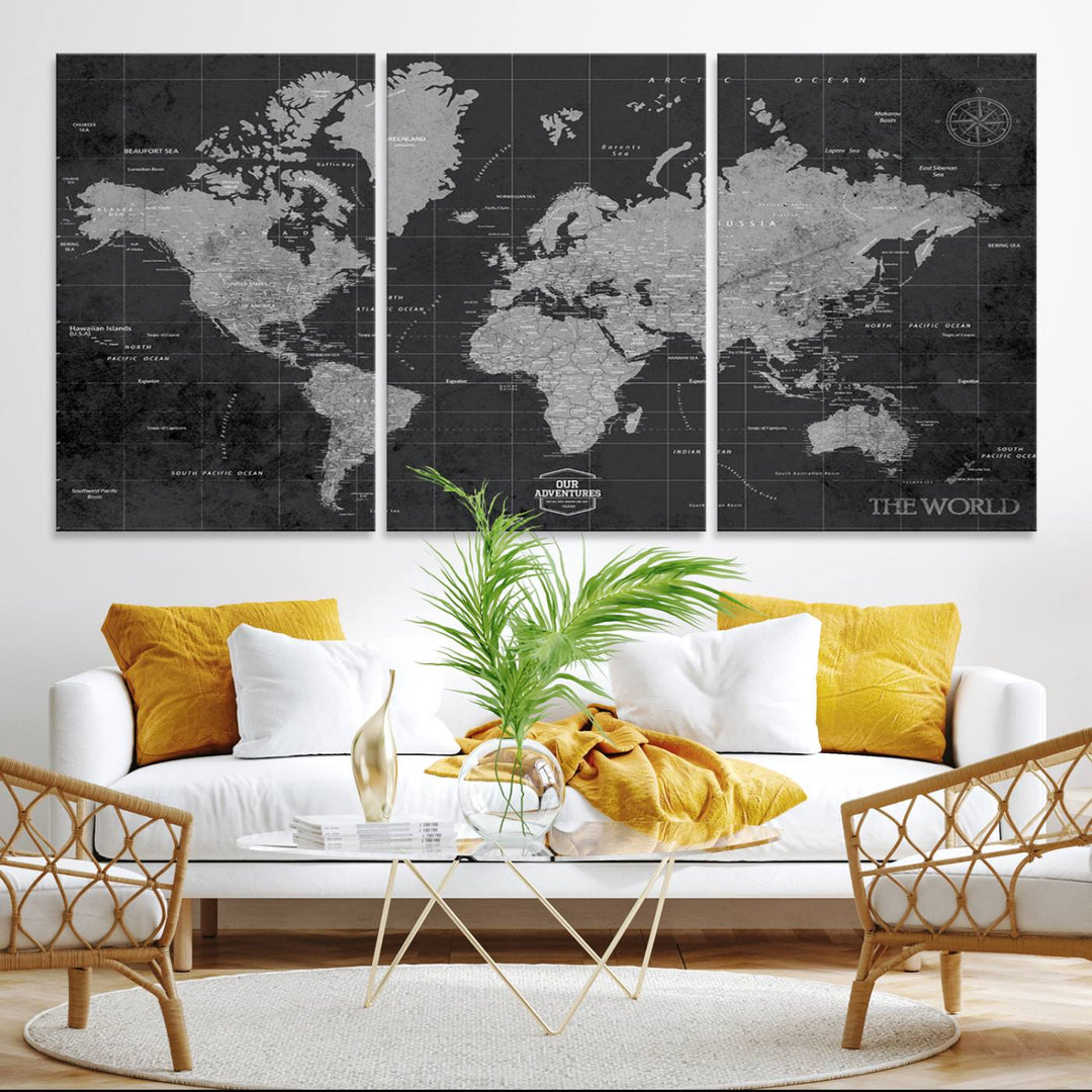 World Map Canvas Wall Art completes the rustic charm with a vintage black and white triptych.