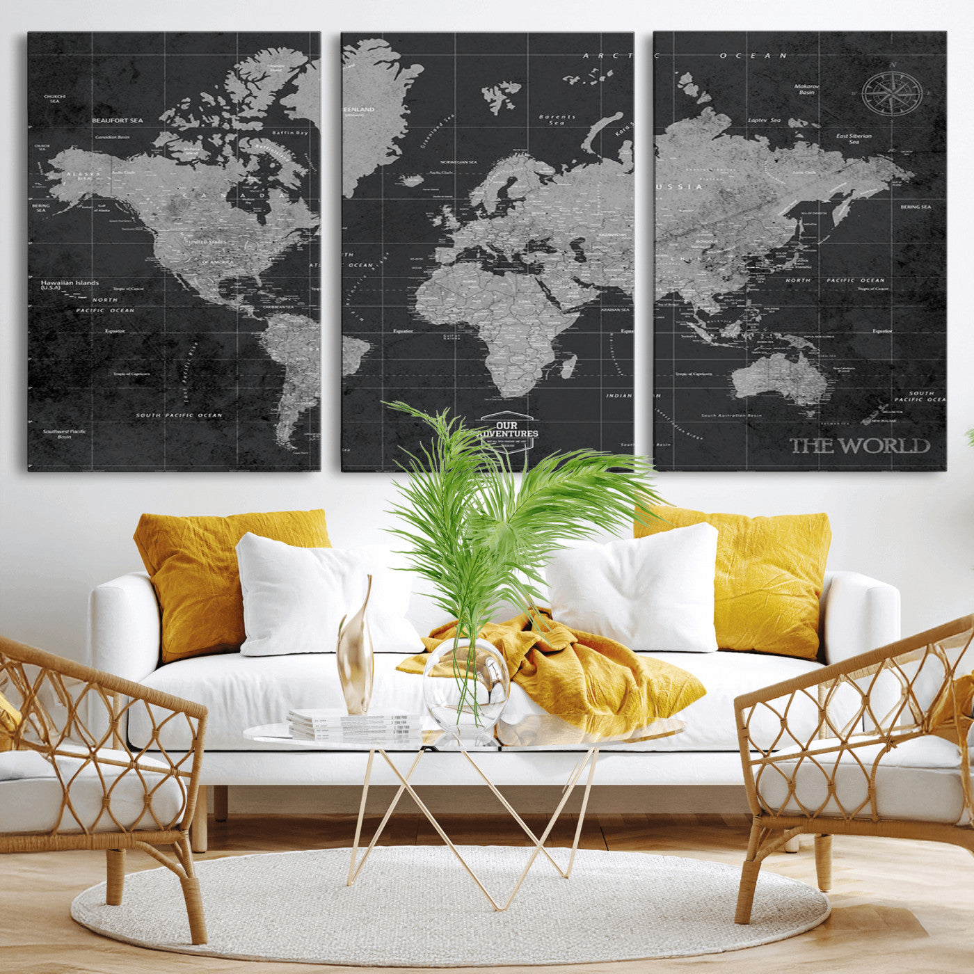 MGV-CV-60X30-3P - Push Pin World Map Canvas Print – Framed Wall Art for Couples to Track Their Travels – Anniversary
