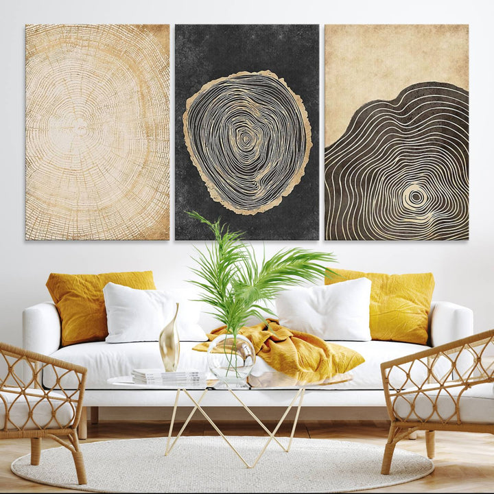 Tree Rings Canvas Wall Art Print hangs prominently in a modern kitchen.