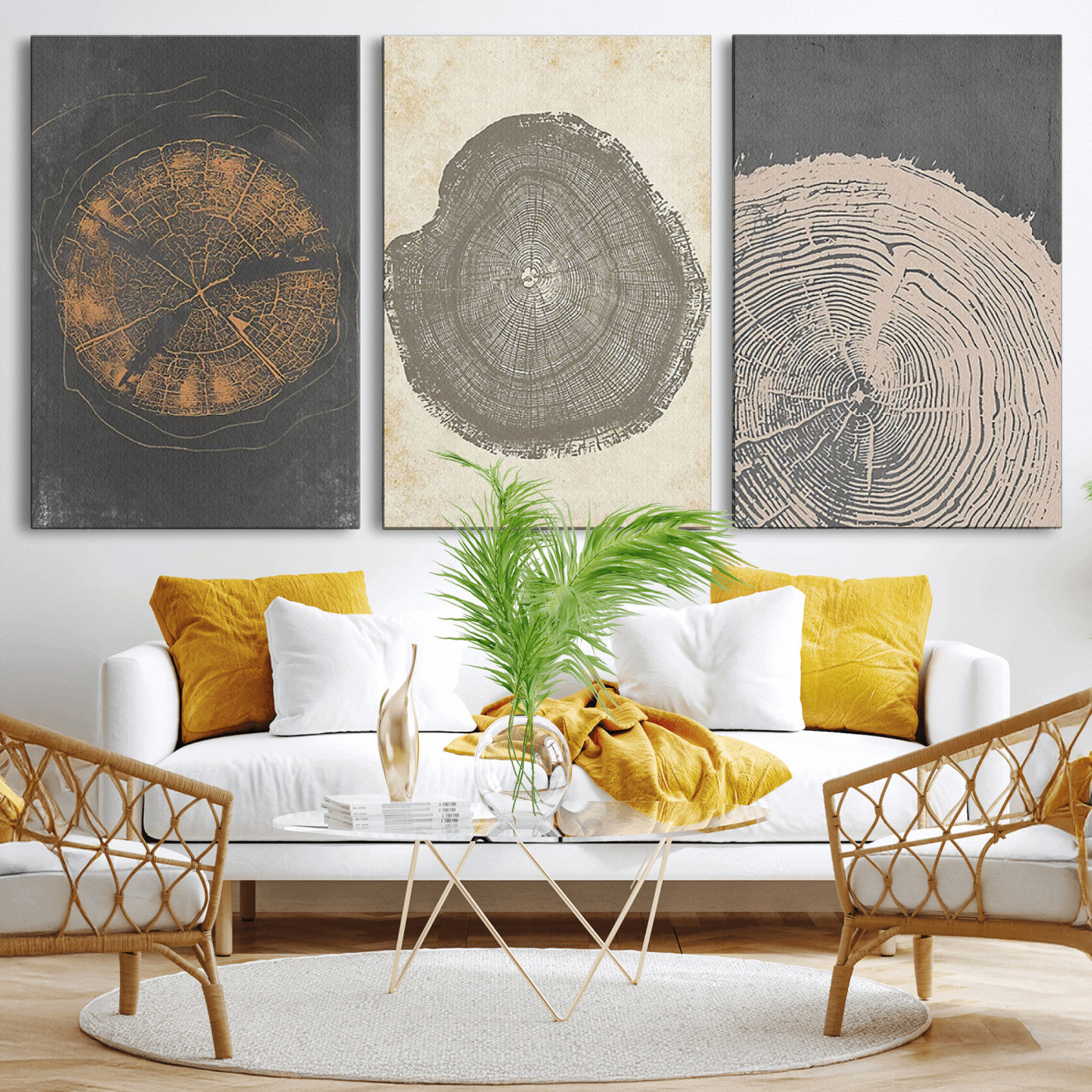 MGV-CV-60X30-3P - Boho Tree Ring Wall Art, Modern Minimalist Wood Grain Canvas, Tree Slice for Rustic Decor, Farmhouse Decor Giclee Canvas Print, Tree Ring Canvas Set