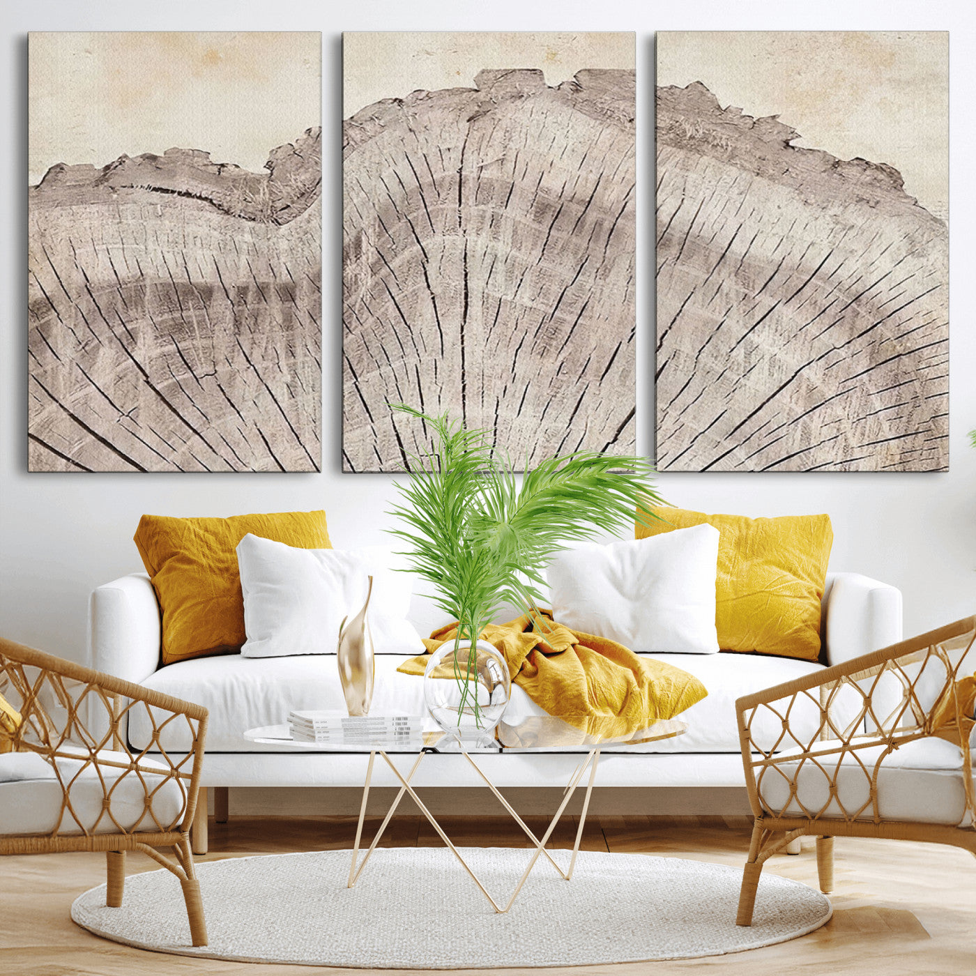 MGV-CV-60X30-3P - Tree Ring Wall Art Triptych, Rustic Wood Ring Canvas Print, Minimalist Wall Decor for Modern Homes and Farmhouse Decor