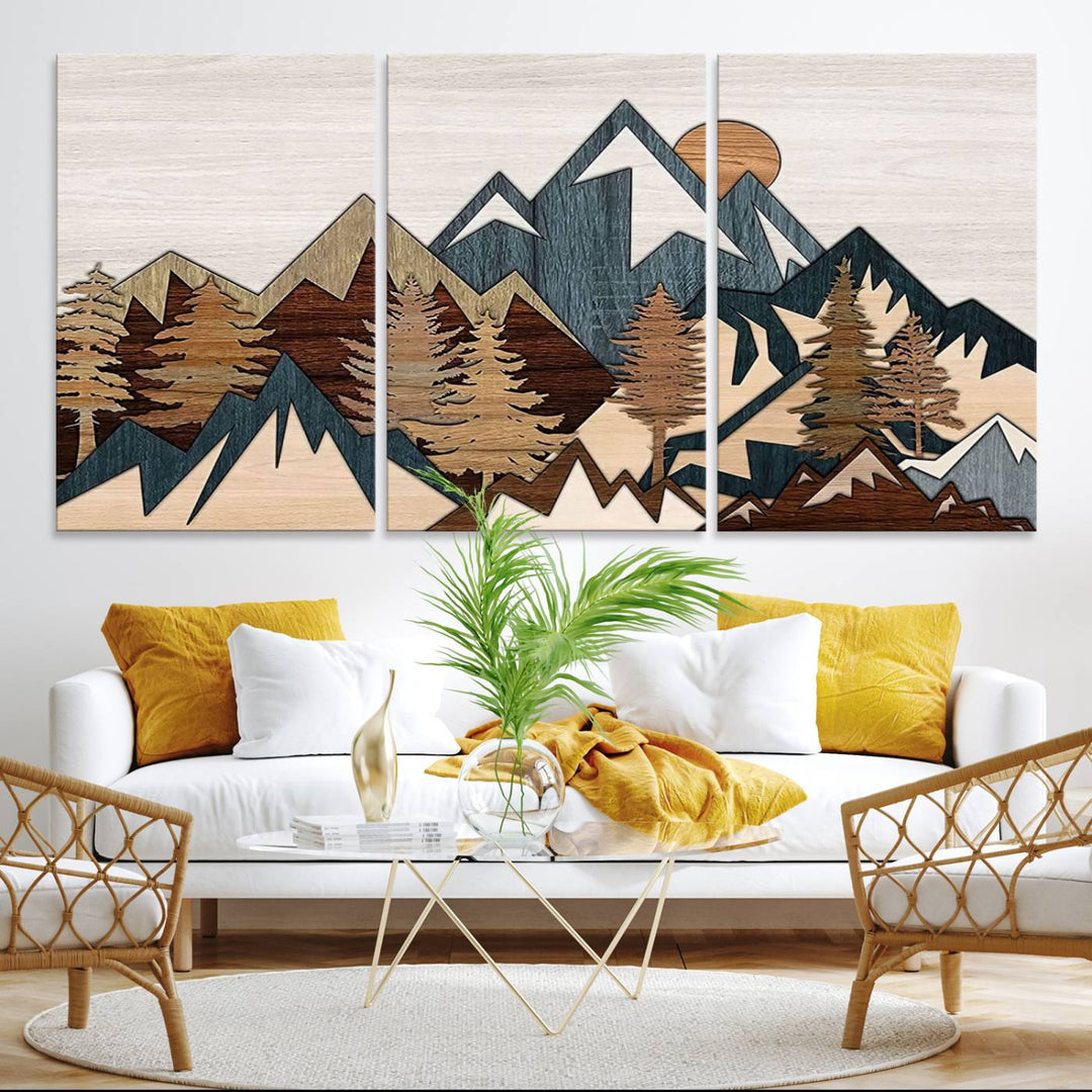 A Woodland Mountain Landscape Triptych serves as the centerpiece of the rustic decor.