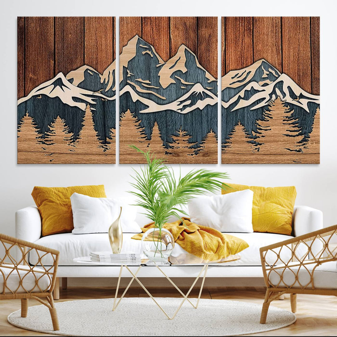 Rustic Wood Style Mountain Wall Art hangs on the wall.