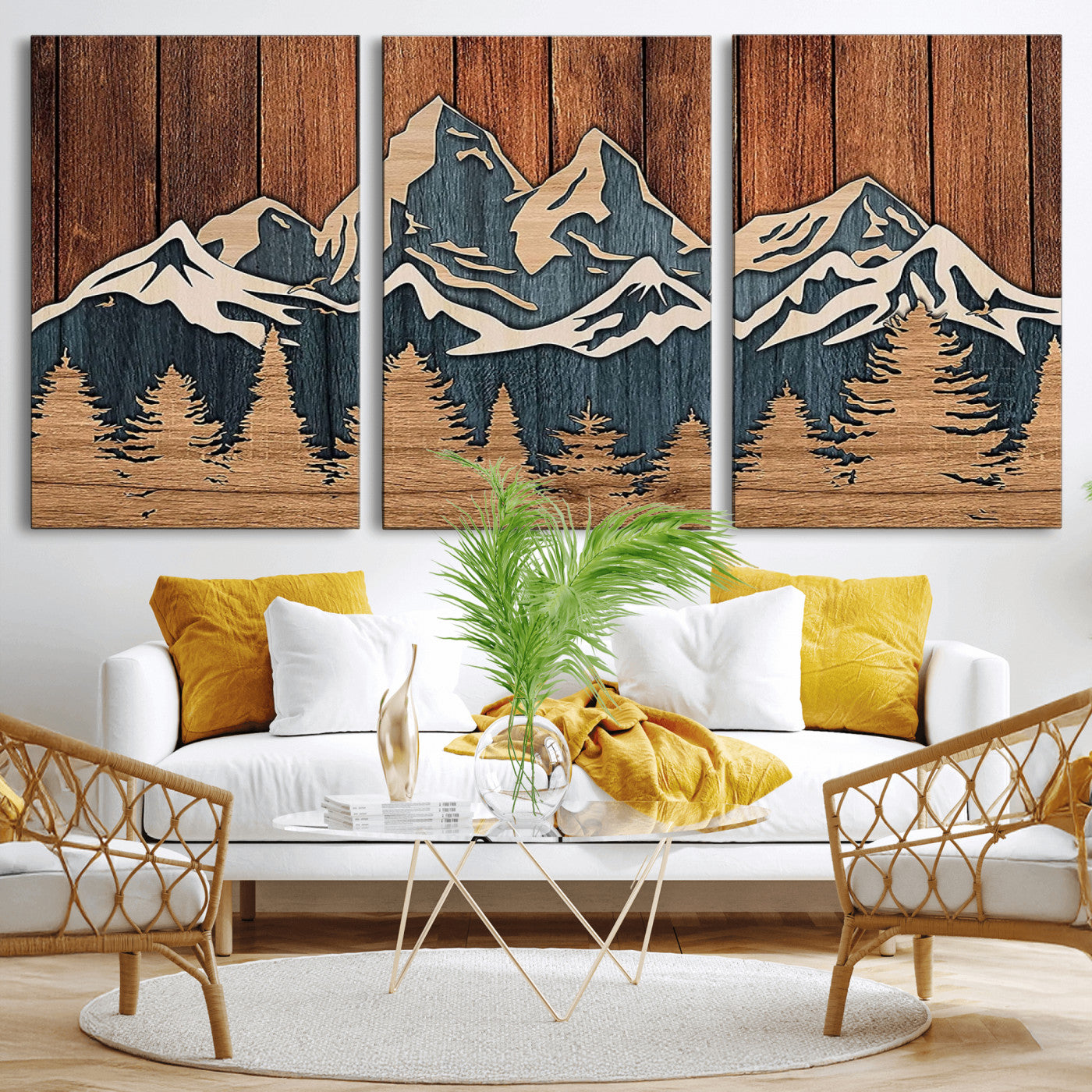 MGV-CV-60X30-3P - Rustic Wood Style Mountain Wall Art, Nature Forest Canvas Print, Wooden Textured Mountain Artwork, Handcrafted Landscape Decor for Farmhouse Decor