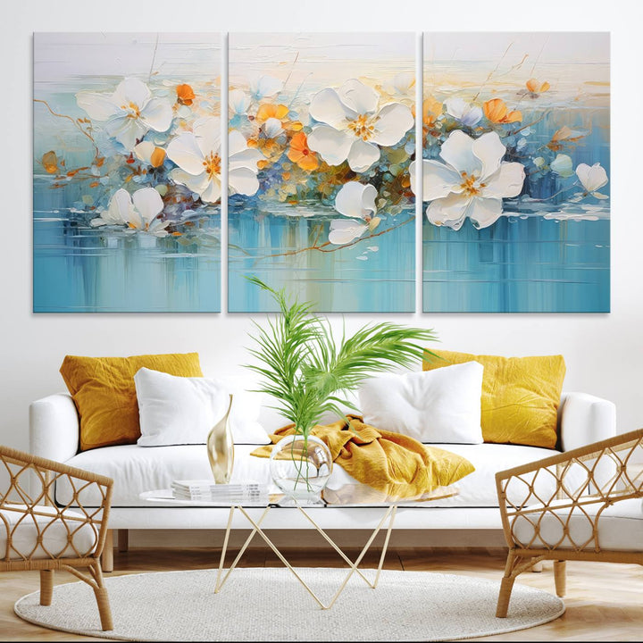 An Abstract Flower Wall Art Canvas Print in blue and orange hues.